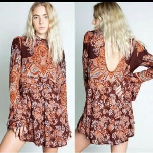 FREE PEOPLE Womens Burgundy Printed Ruffled Mini Tunic Casual Dress |‎ M
